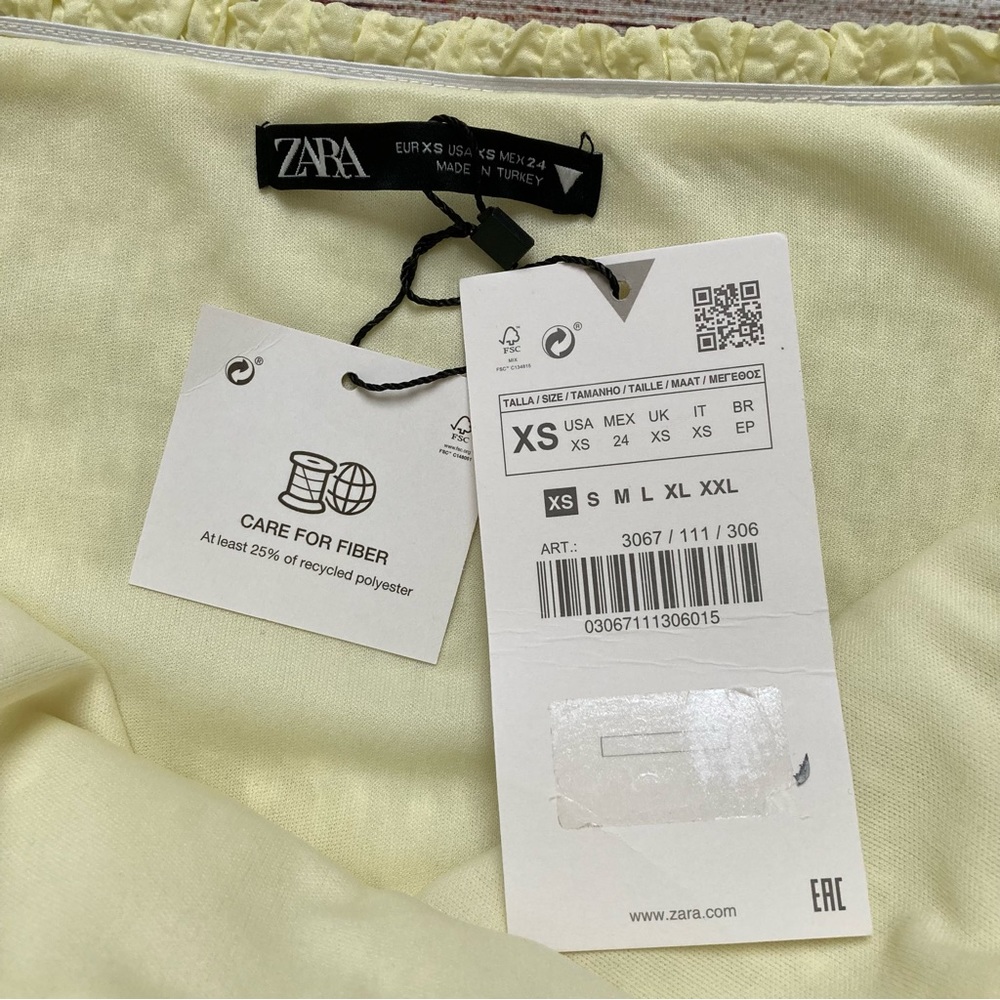 Zara Smocked Crinkle Puff Sleeve Mini Dress NWT Women’s Size Xtra Small Yellow - Picture 6 of 6